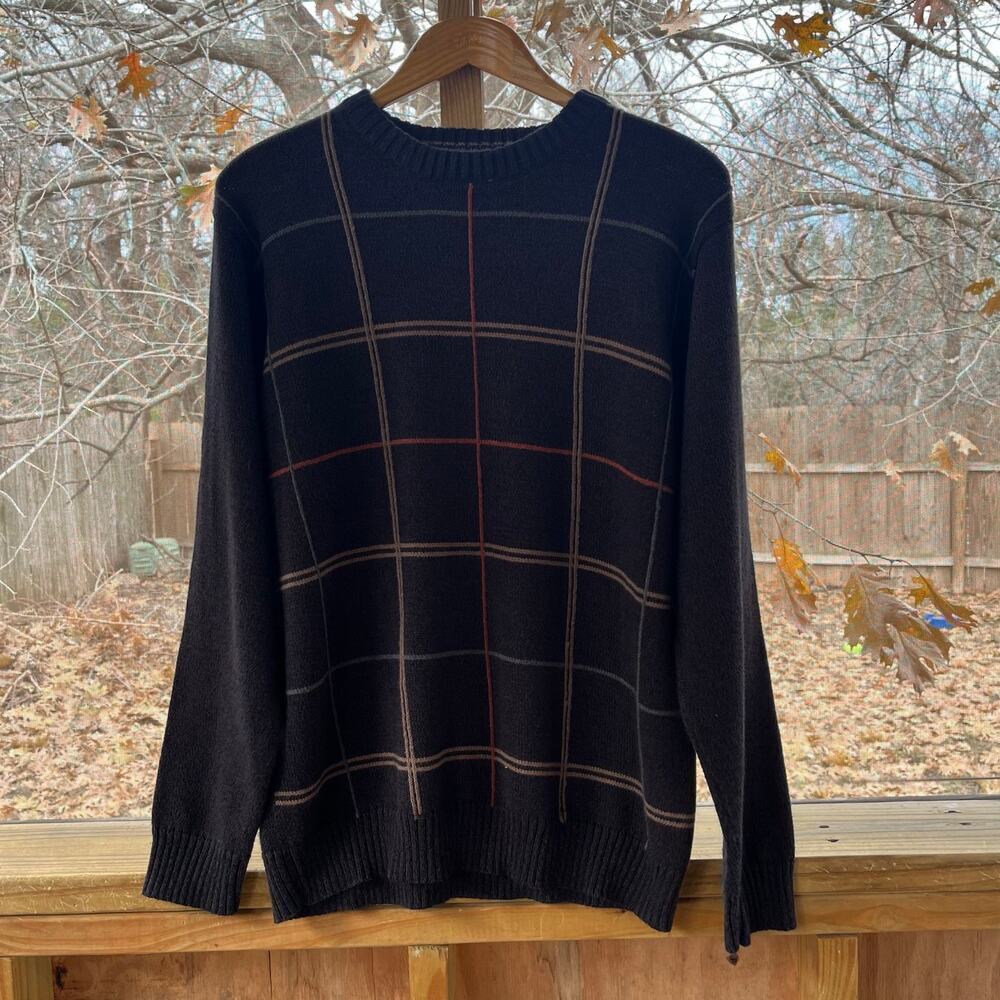 Oscar de la Renta Men's Vintage Brown Grid Pattern Pullover Sweater Size L